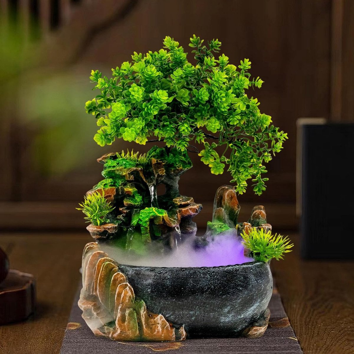 Decoratieve tafelfontein, groene plantenfontein met ledverlichting, kamerfontein, waterval, decoratieve tafelfontein voor woondecoratie, foyer, kantoor, 29 x 22 x 28 cm