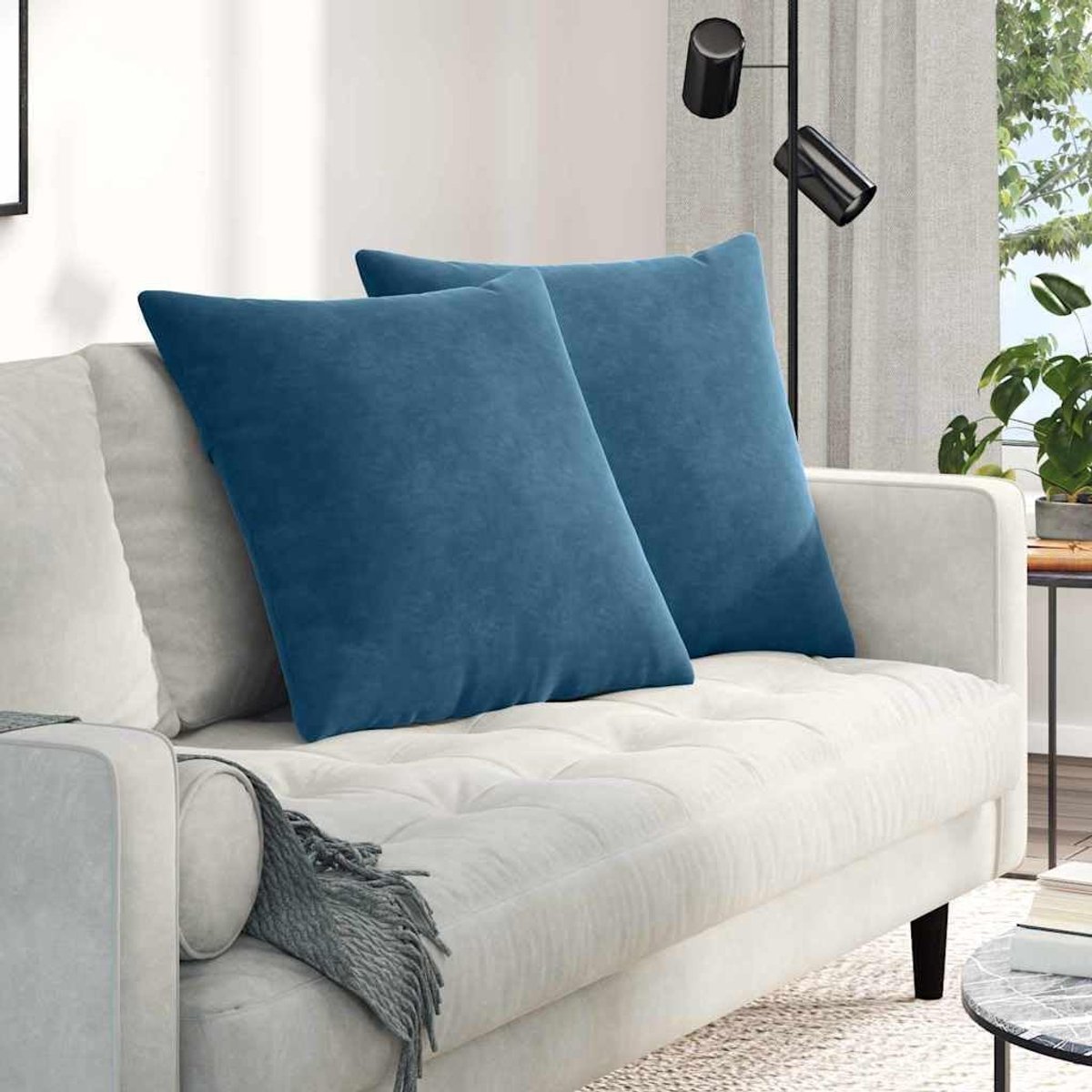 Corduroy bankkussen, 2 stuks, blauw, 80 x 80 cm, met ritssluiting, polyestervulling, zachte fluwelen hoes voor woonkamer, slaapkamer, kantoor