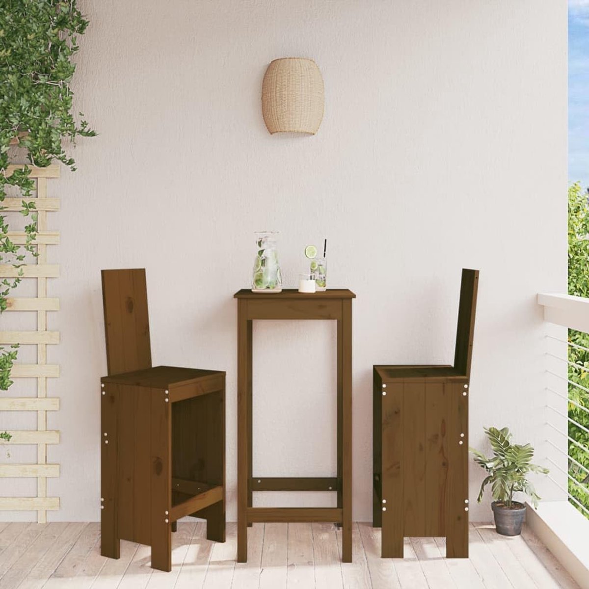 Barkrukken 2 stuks honing bruin 40 x 42 x 120 cm massief grenen met rugleuning en voetsteun, rustieke barstoelen voor terras balkon, duurzaam tot 110 kg