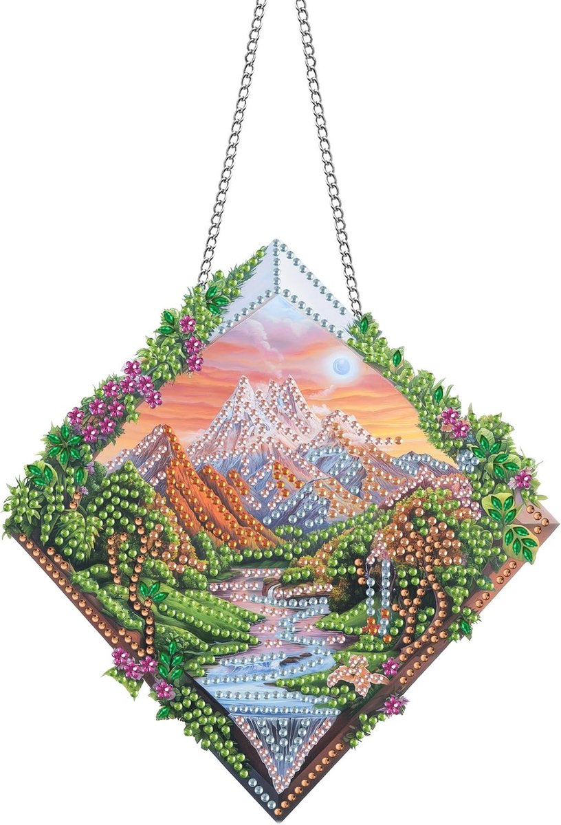 Dubbelzijdig acrylbord diamond painting hanger en raamafbeeldingen set met ketting - landschap DIY schilderij hanger diamant kunst wandbehang kits 20 x 20 cm - voor muur en entree decoratie