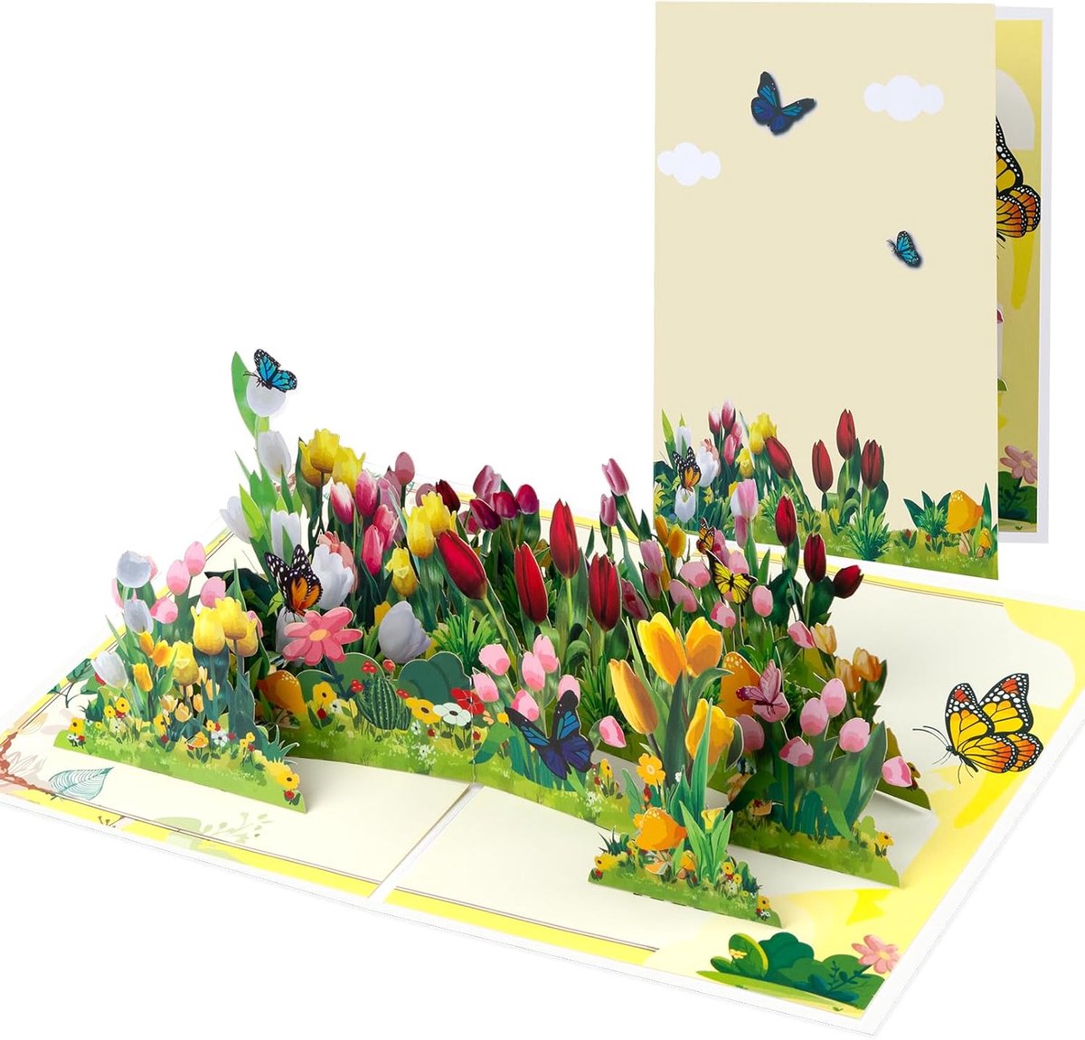Row of Tulpen Pop Up Kaarten, Papieren Bloem Boeket Wenskaarten met Blanco Notitiekaart & Envelop, ideaal cadeau voor het vieren van liefde, vakantie, verjaardag, jubileum, speciale momenten,
