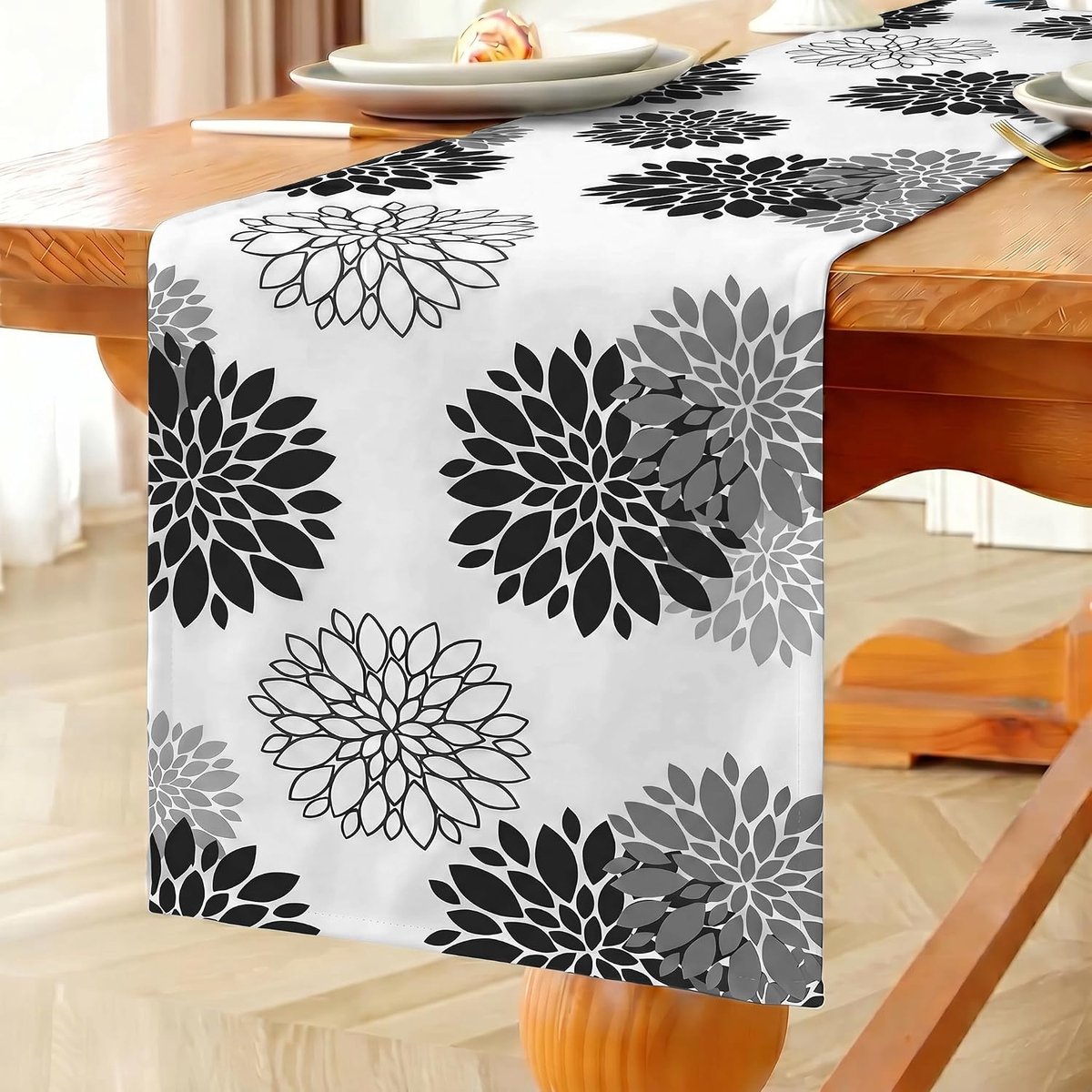 Tafelloper, modern, bloemen, zwart, dahlia's, modern, waterafstotend, linnen, decoratie tafelkleed, outdoor, zomer, tuin, voor bruiloft, eetkamer, feest, vakantie, decoratie, 33 x 183 cm