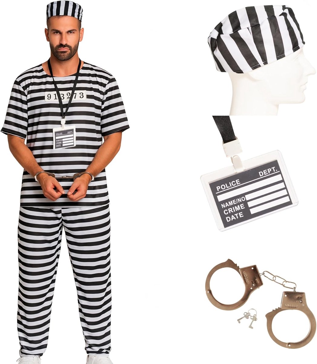 Pak Mannen 5-Delig Shirt, Broek, Hoofddeksel, Handboeien & Keycord met Badge Gevangene Kostuum Zwart-Wit Gevangeniskostuum Heren Boefen Pak - Maat S t/m XL