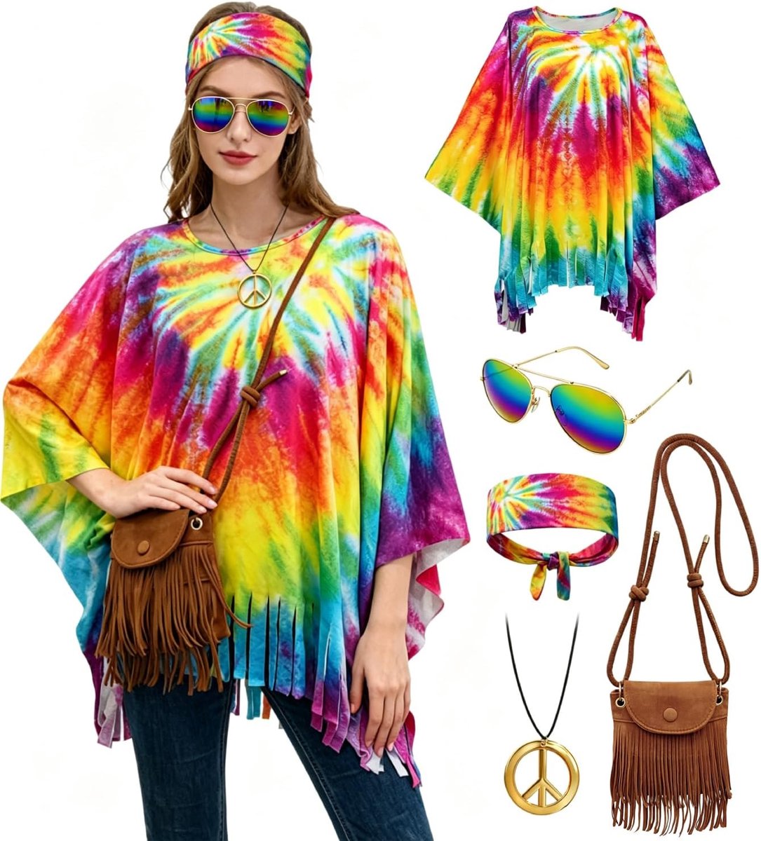 Hippiekostuum voor dames, jaren '70-outfit met retro poncho, bril, ketting, hippie, schoudertas, voor carnaval, carnaval, slagerfeest