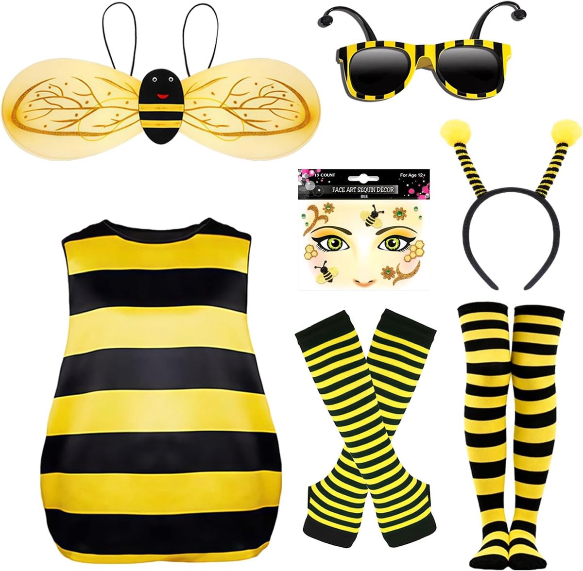 Bijenkostuum voor volwassenen, bijenkostuum voor dames, bijenkostuum-accessoires met vleugels, antenne, hoofdband, stickers, zonnebril, handschoenen, sokken voor carnaval, cosplay, dieren