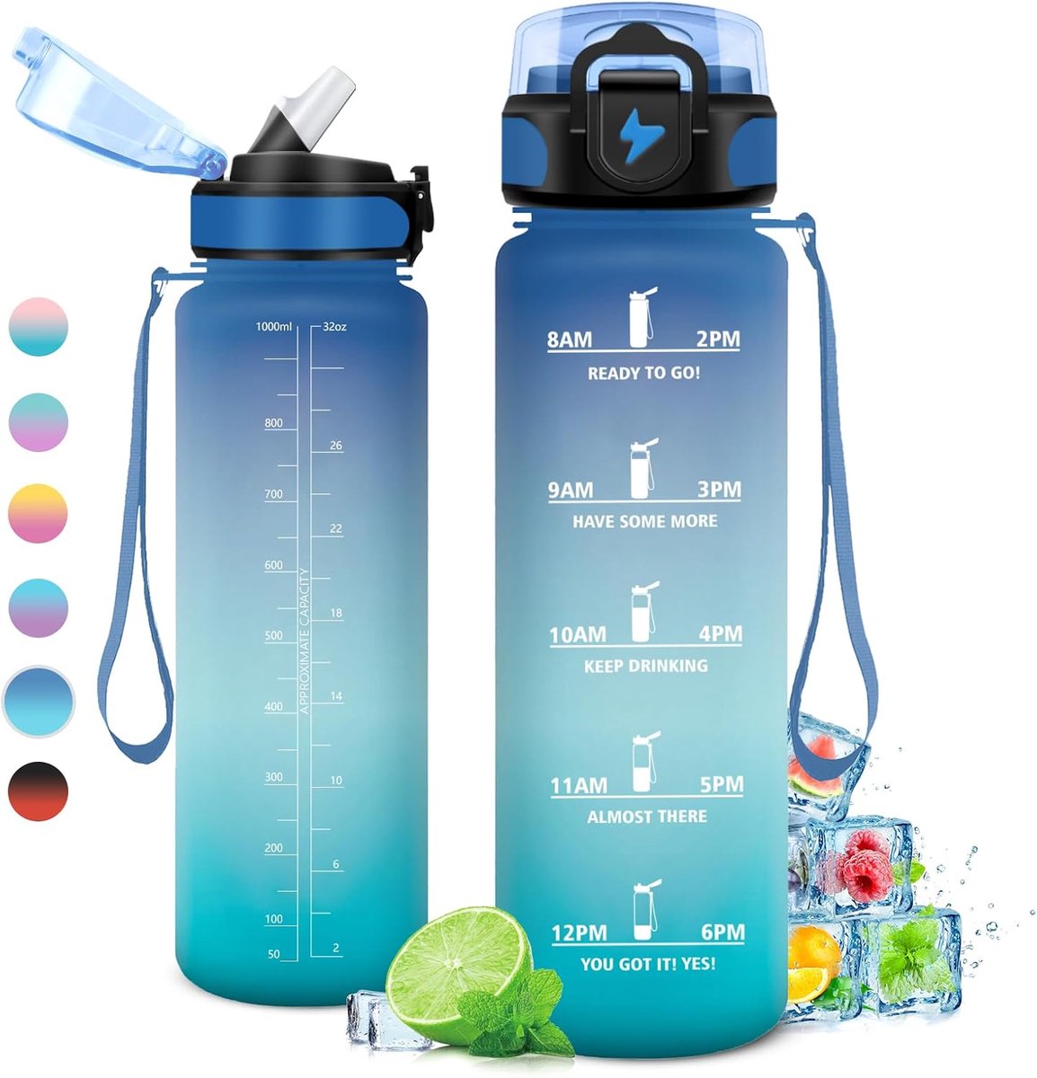 1 l, lekvrije fitnessfles, motiverende drinkfles met rietje, sportwaterfles met tijdweergave, drinkfles voor volwassenen, fiets, reizen, sport, school