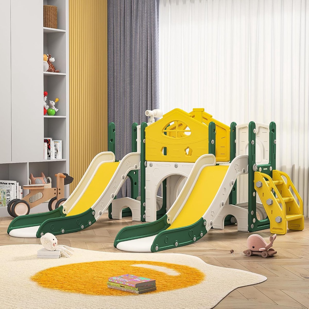 Glijbaan voor kleine kinderen, speelplaats met 2 glijbaan, telescoop, tunnel, trap, glijbaan, speelset voor kinderkamer, speelplaats, cadeau