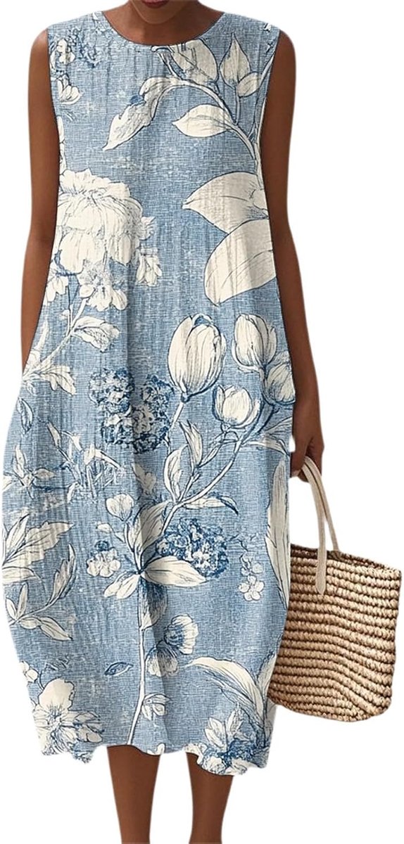 Sommerkleid Damen Elegant Ärmellos Rundhals Musselin Kleid Strandkleid Leicht Und Luftig Leinenkleider Sommer Falten Blumenmuster Kleider Locker Boho Midikleid mit Taschen Blumenkleid Freizeitkleid
