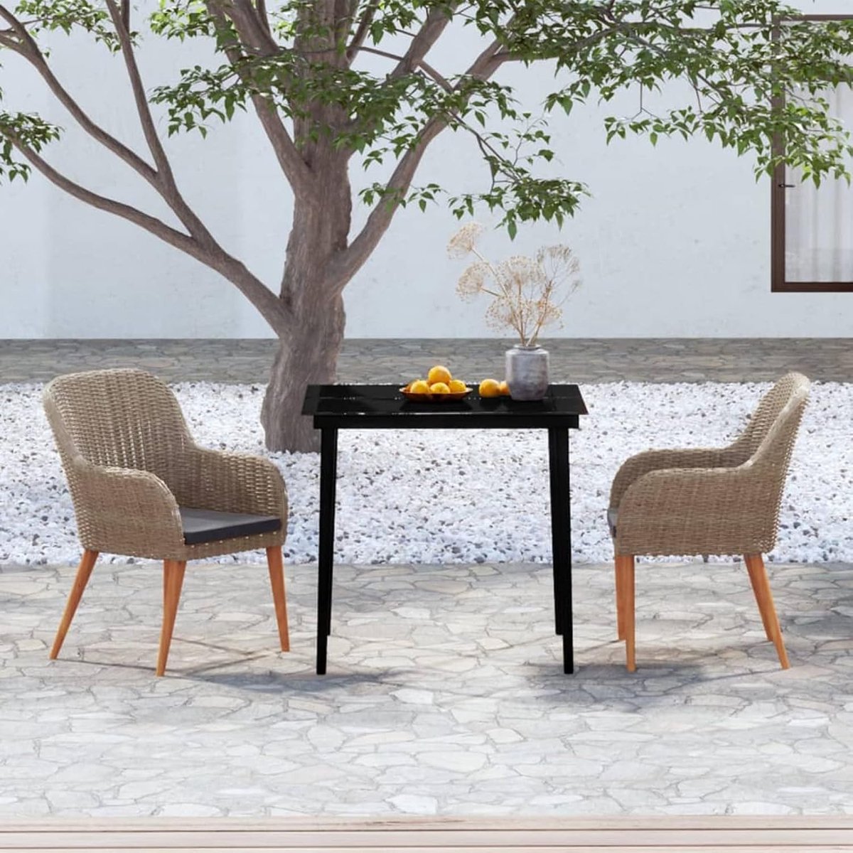 3-delige eetkamerset, voor de tuin, voor buiten, van polyrotan bruin en zwart glas, set tafel en tuinstoelen van rotan, tafel en stoelen voor buiten, tafel 80 cm en 2 tuinstoelen