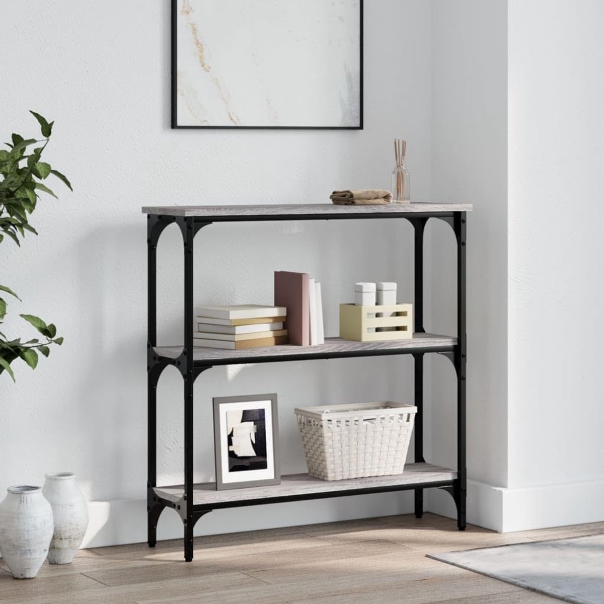 Consoletafel grijs Sonoma 75 x 22,5 x 75 cm, houtmateriaal met metalen frame en 4 verstelbare poten, haltafel, opbergtafel voor opbergruimte