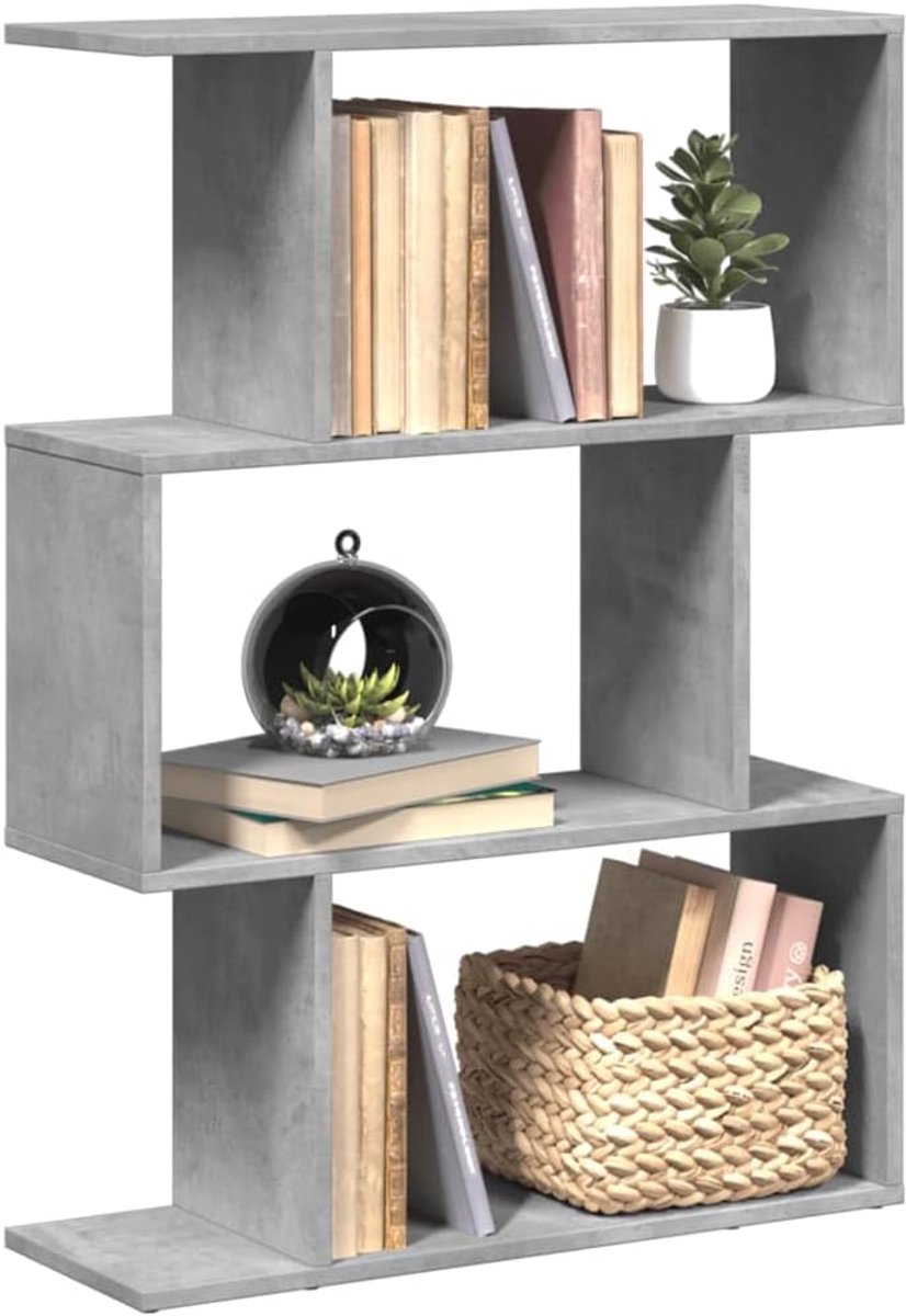 Boekenkast, 3 vakken, betongrijs, 70 x 24 x 97 cm, opbergruimte op houtbasis, rek met verspringende vakken, voor woonkamer, kantoor, slaapkamer, flexibel opstelbaar