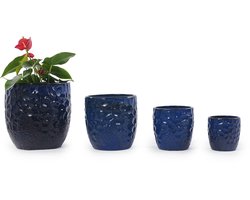 Handgemaakte keramieken plantenbak set 4-delig (Ø38/30/22,5/18 cm) - Ademend - Vorstvast - Met drainagegaten - Glanzend diepblauw hamerslagreliëf - Voor binnen, balkon en tuin