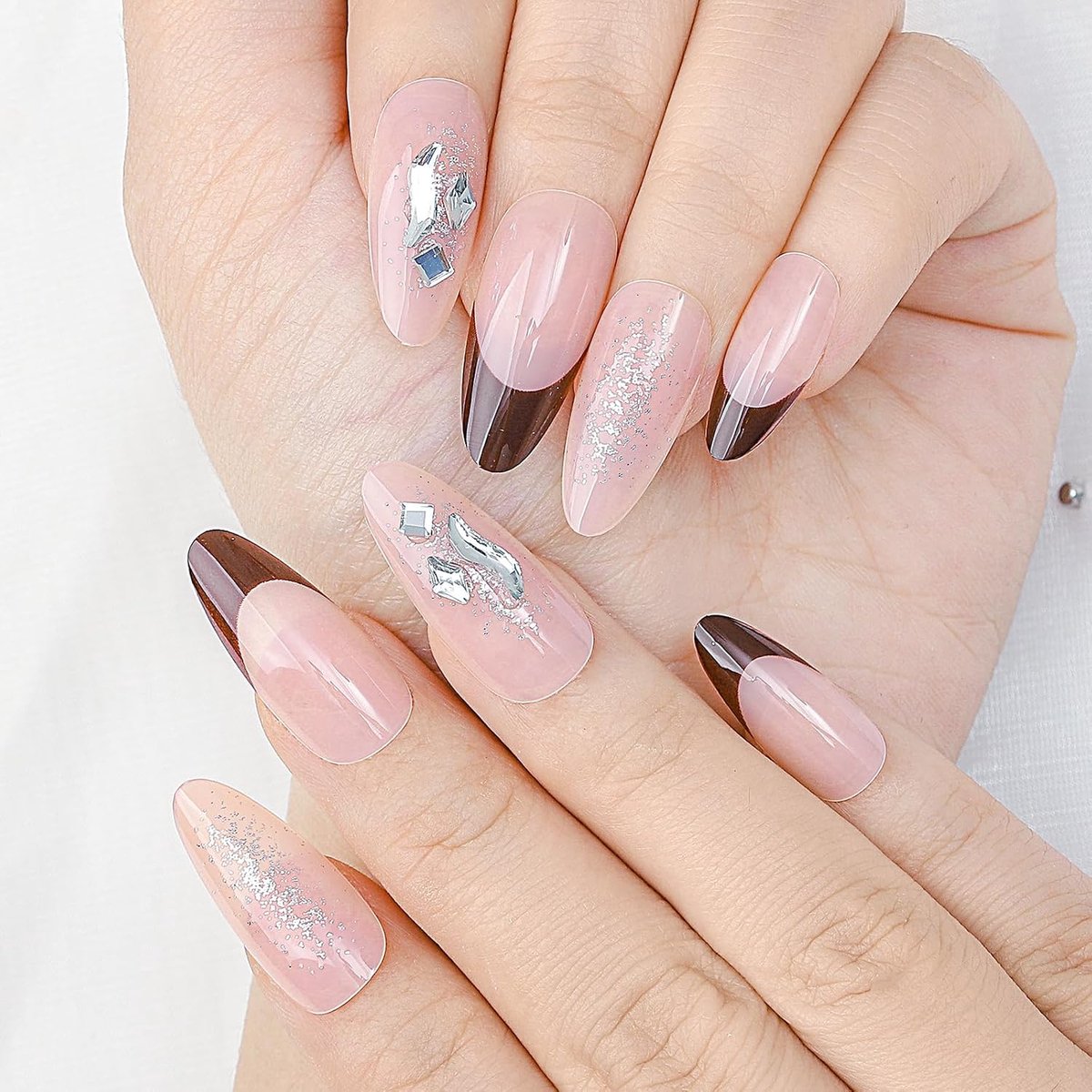 Nagelknipper, bruin, Franse kant, nude, kunstnagels, strass, kunstnagels, glitter, kristal, zelfklevend, voor vrouwen en meisjes, 24 stuks