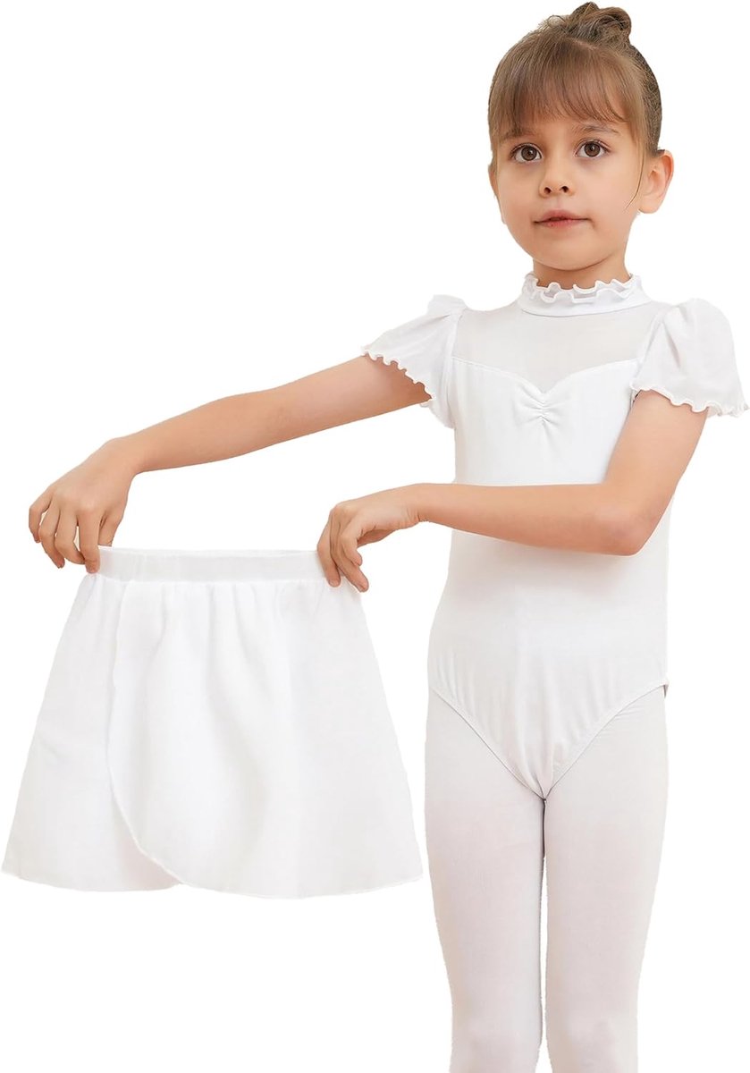 2-delig ballet meisje korte mouw gymnastiek kostuum met chiffon dance wrap jurk voor kinderen dance kostuum set