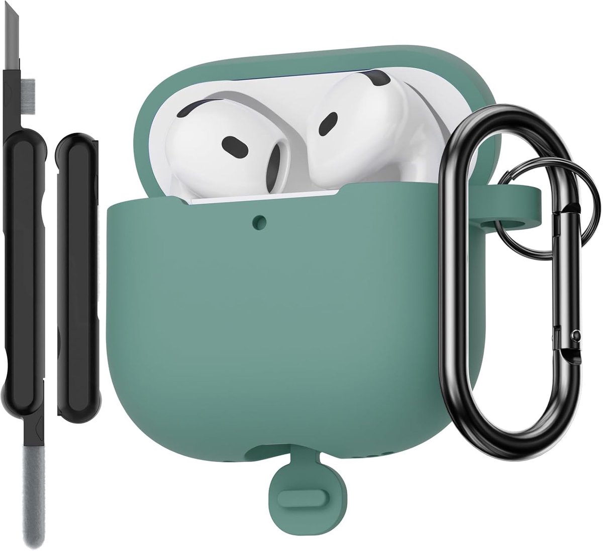 Hoesje compatibel met AirPods 4e generatie hoes met reinigingsset, schokbestendig, valbescherming, krasbestendig siliconen hoesje voor AirPods 4 2024 met sleutelhanger, dennengroen
