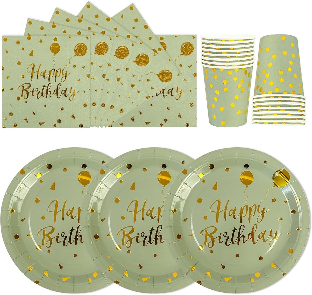 72-delig, Happy Birthday, groen, papieren borden, verjaardag, set inclusief papieren borden, kopjes, servetten voor decoratie, bruiloft, babyshower, 24 gasten