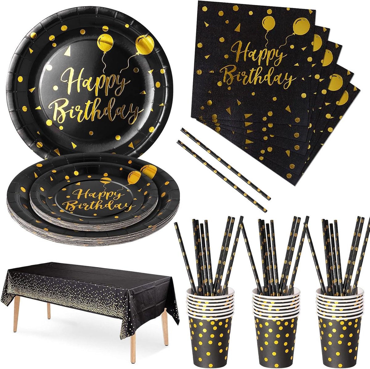 Verjaardagsfeestservies, 121 stuks, zwart, goud, servies, papier, borden, beker, handdoek, kinderfeest, verjaardag, decoratie - 24 gasten