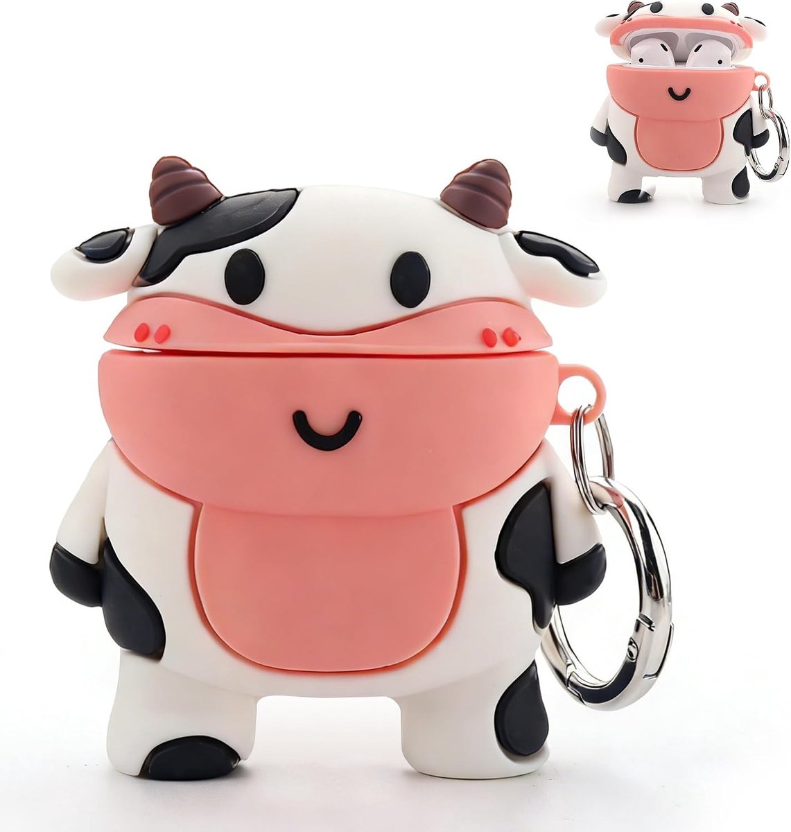 Hoesje voor AirPods, AirPods 2 koeienhoes, siliconen, cartoon, AirPods 1e/2e generatie, oplaadhoesje, kawaii, 3D, koe, AirPods 2, grappig dier, zachte beschermhoes met karabijnhaak