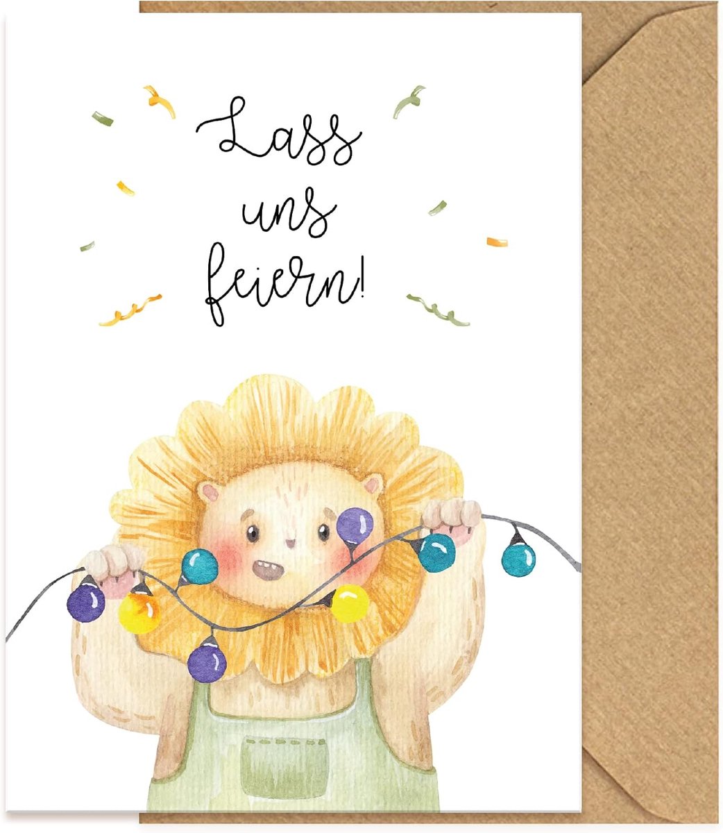 Uitnodigingskaartenset met enveloppen van kraftpapier, uitnodigingen voor feestjes & kinderverjaardag met dieren in Scandinavische stijl met natuurlijke envelop voor jongens en meisjes (leeuw)