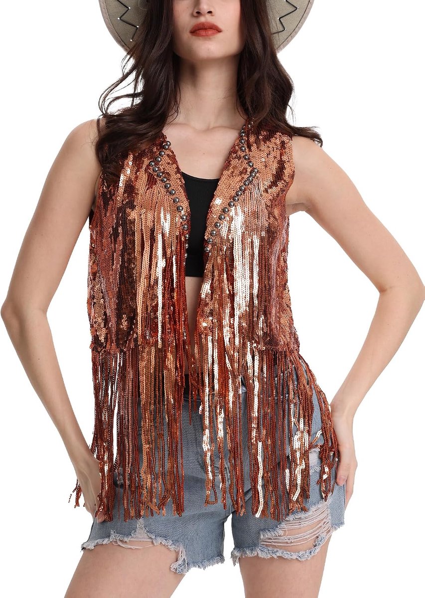 Damesvest met pailletten, kwastje, glitter, mouwloos, cardigan aan de voorkant, open franjejas, fonkelende kwastjes, vest, Y2k, hippievest, shirt, club, wear, S, M, L
