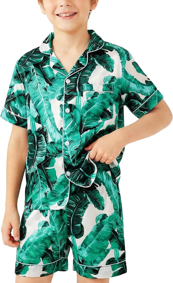 Jongens Satijnen pyjama-set Kinderen Kort bovenstuk en elastische tailleband Broek 2-delige nachtkleding Zacht Licht Knoopsluiting Pyjama Alledaagse loungekleding voor leeftijd 8-13
