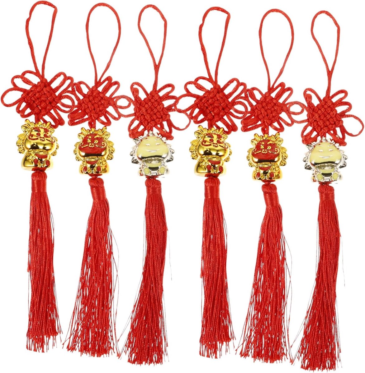 6 Stuks Delige Chinese Knoop Autohangers Rood-gouden Lente Festival voor Nieuwjaar Feestelijke Drakenornamenten met Kwastjes Geschikt voor Thuis Kantoor Auto