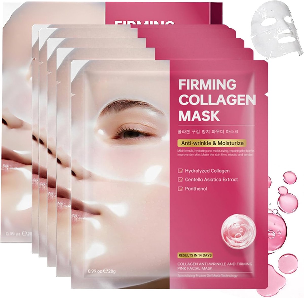 5 stuks collageen gezichtsmasker, overnight gezichtsmaskers, collageen echt diep masker, hydrogelmasker voor de nacht, hydraterend, verstevigend en anti-aging, geschikt voor alle huidtypes