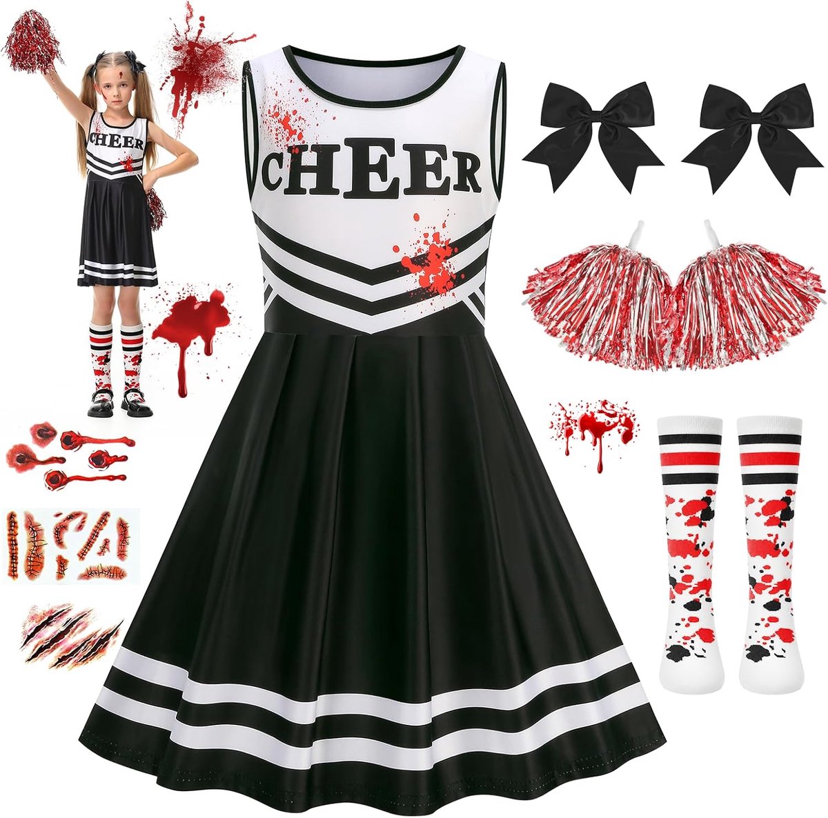 Cheerleader kostuum, meisjes cosplay eng cheerless kostuum met pompons en kousen, kinderen van 10-12 jaar dode cheerleading-outfit voor Halloween rollenspel themafeesten