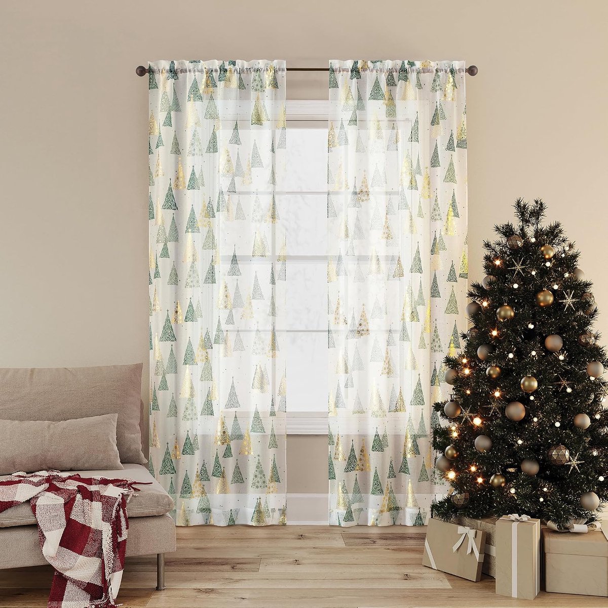 918 Balsam Kerstboom Sheer Rod Pocket Gordijnpaneel, 94 x 160 cm, dennengroen
