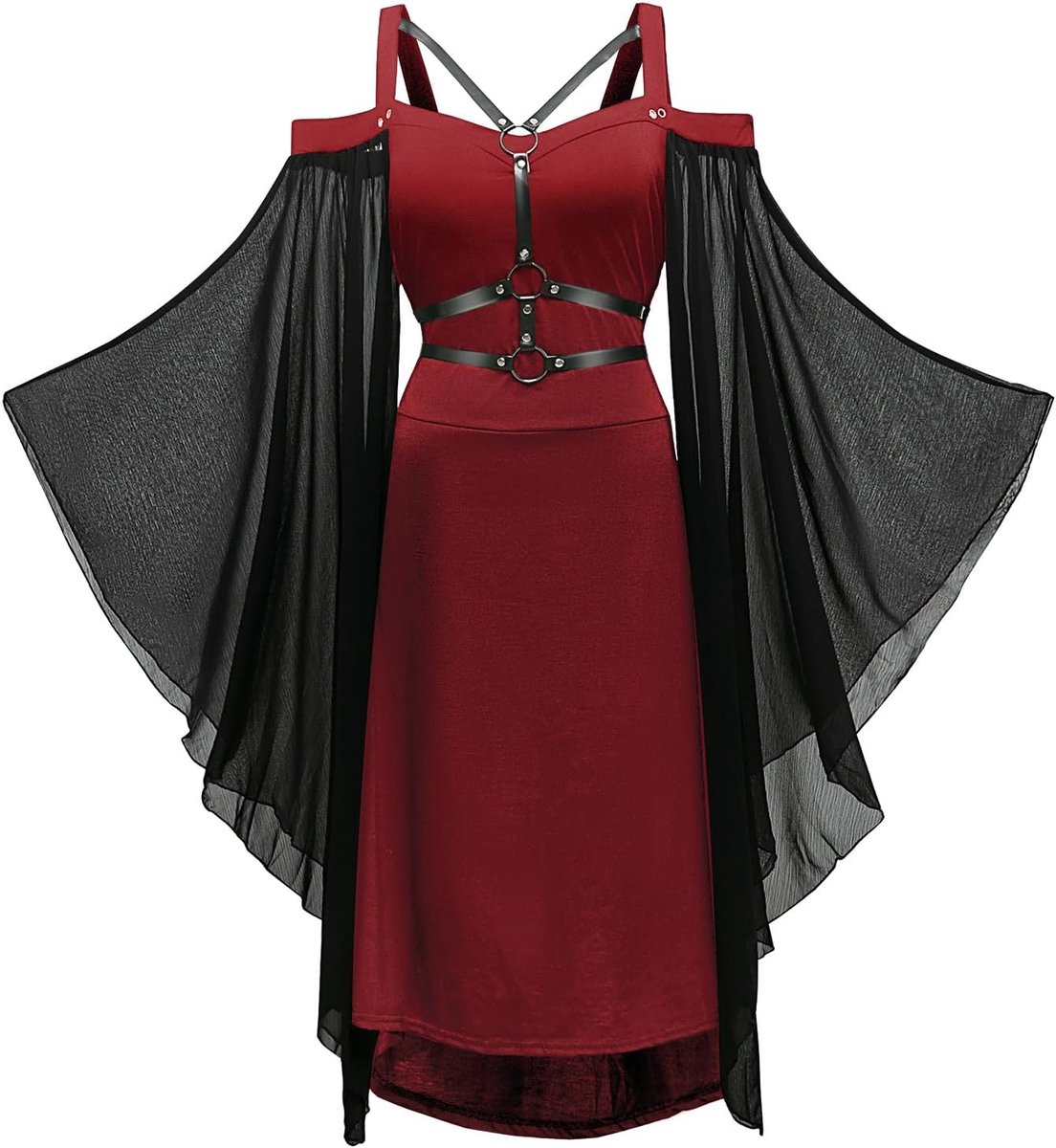 Jurk dames vintage zwarte middeleeuwse jurk met trompetmouwen gebonden taille jurk Halloween carnaval kostuum voor vrouwen
