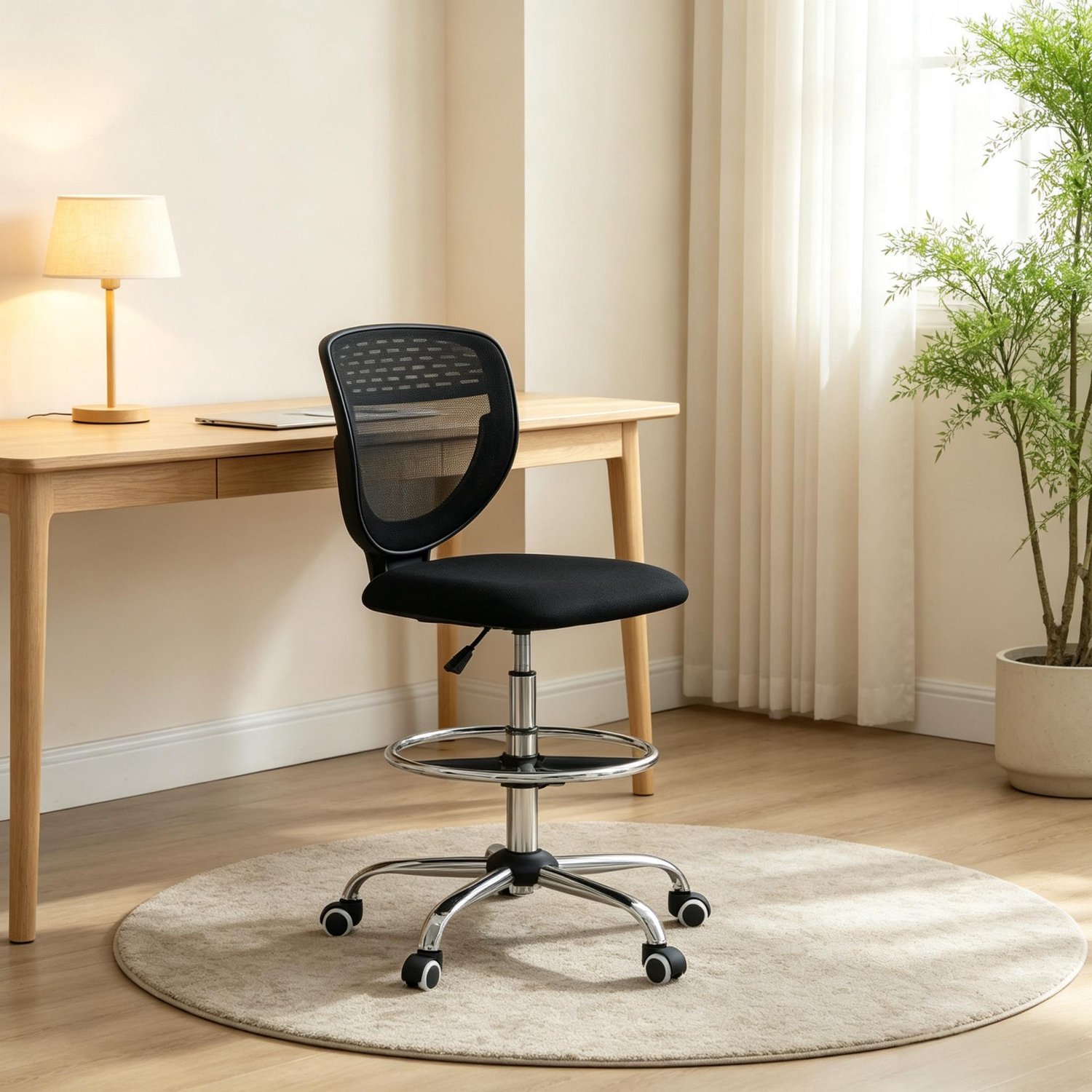 OKWISH Bureaustoel 59 x 59 x 106-126 cm - Verstelbare Zithoogte en Voetensteun - Voor Hoge Werkplekken en Thuis - Gaasstof en Staal - Zwart