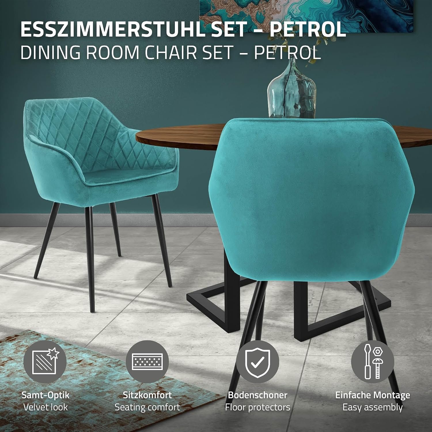 Luxe Petrolblauwe Fluwelen Eetkamerstoelen Set van 4 met Armleuningen en Rugleuning – Ergonom Stoelen met Diamantstiksel, Zwarte Metalen Poten, Comfortabele Zitting van 49 cm, Moderne Retro-Stijl voor Eettafel, Woonkamer en Eetkamer, 63 x 60 x 80 cm