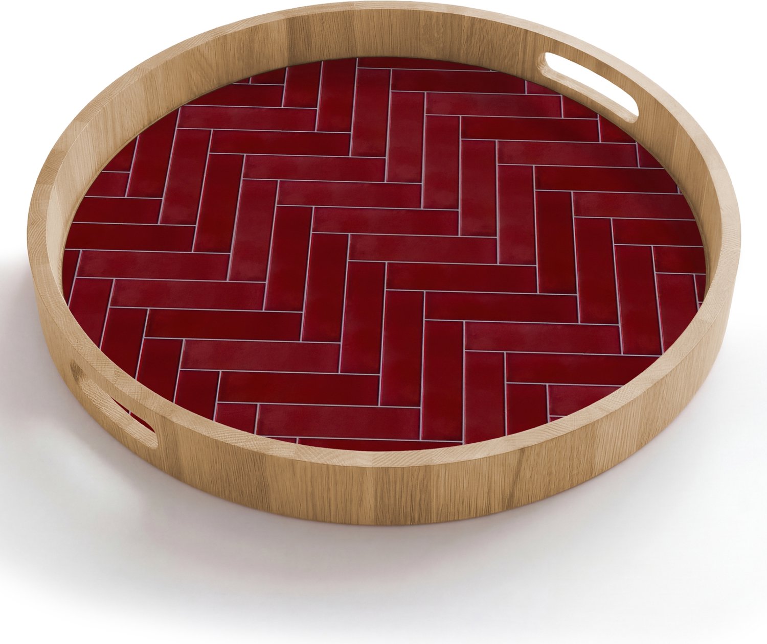 Dienblad rond 50x50 cm - Schootdienblad hout - Visgraat - Wandtegel - Bordeaux - Rood - Borrelplank rechthoek - Plateau houten dienbladen