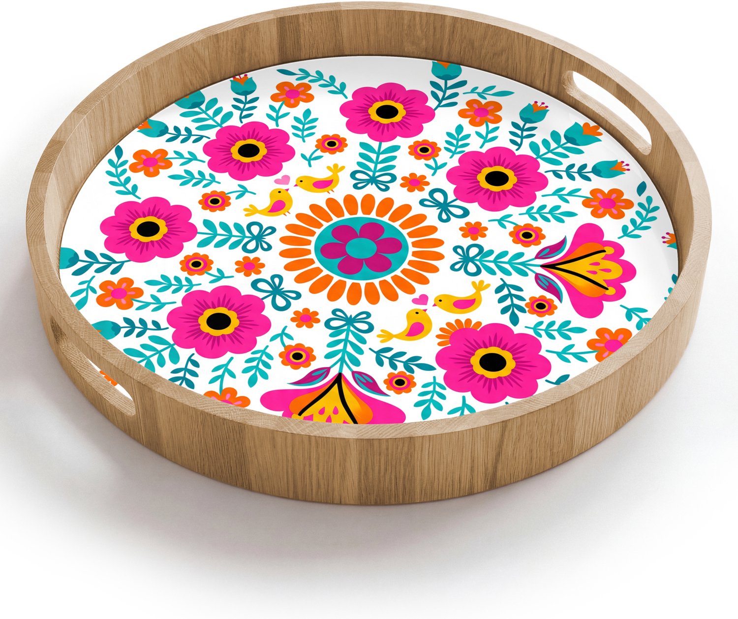 Dienblad rond 40x40 cm - Schootdienblad hout - Bloemen - Vogel - Patroon - Kleurrijk - Modern - Borrelplank rechthoek - Plateau houten dienbladen