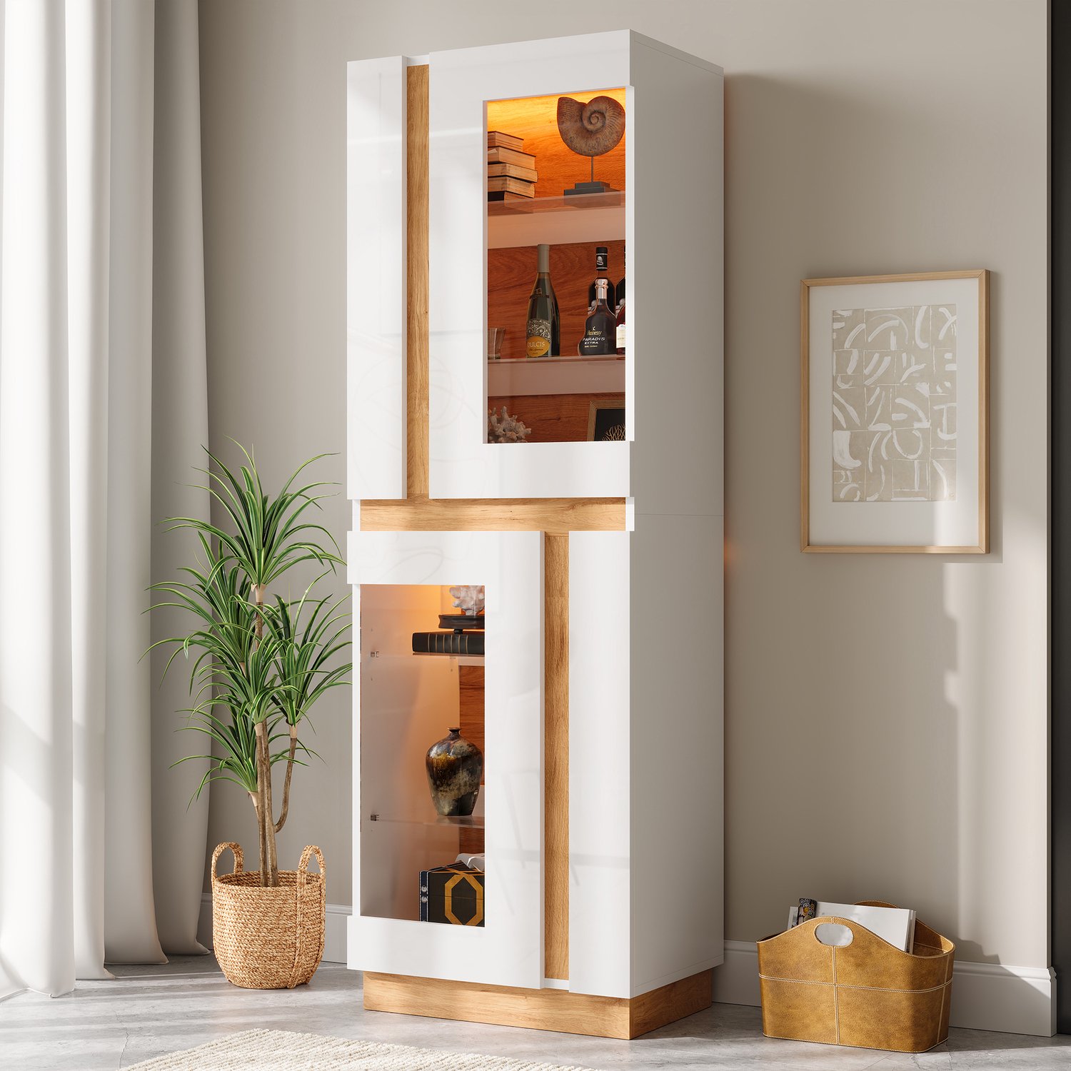 Wishdor Vitrinekast met LED-verlichting - Glazen deuren en planken - Twee vitrinedelen met appbediening - Modern - Woonkamer eetkamer werkplek - Bewerkt hout - Wit en naturel - 60 x 40 x 180 cm Wit en naturel houtkleur