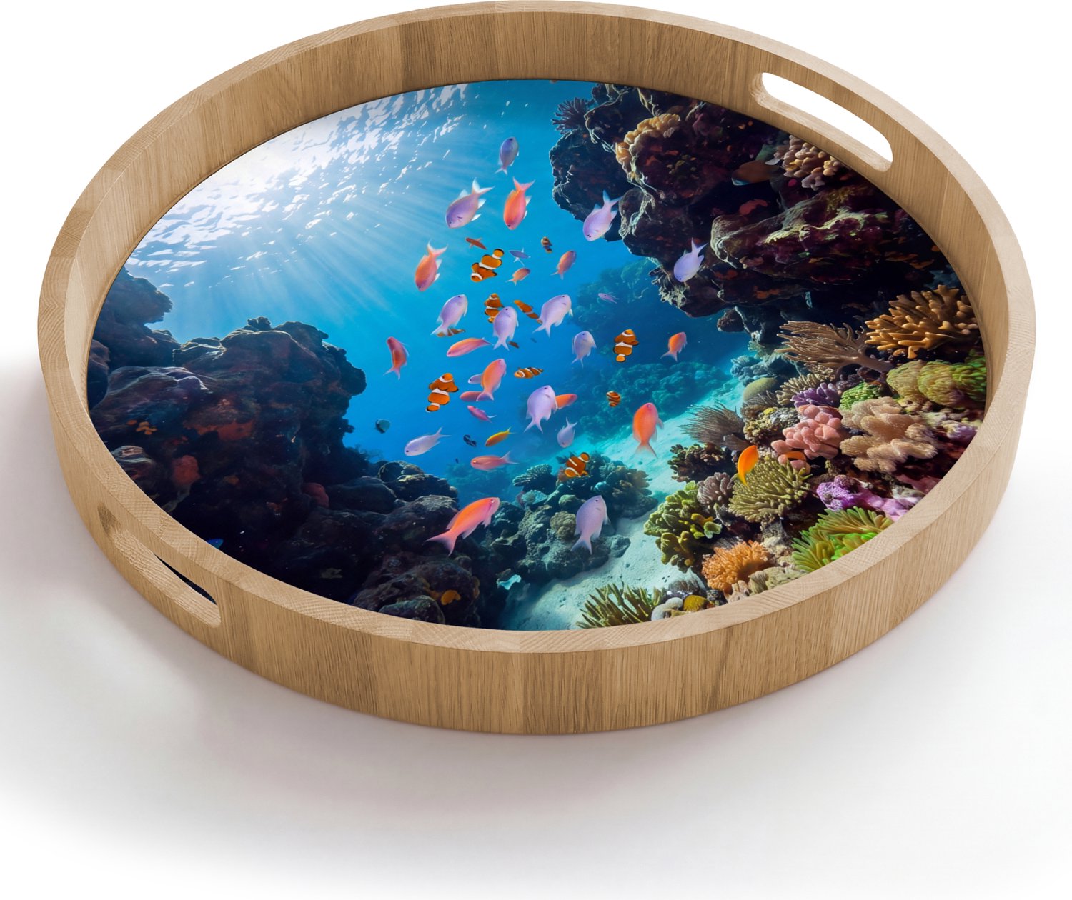 Dienblad rond 50x50 cm - Schootdienblad hout - Vis - Koraalrif - Onderwater - Levendig - Blauw - Borrelplank rechthoek - Plateau houten dienbladen