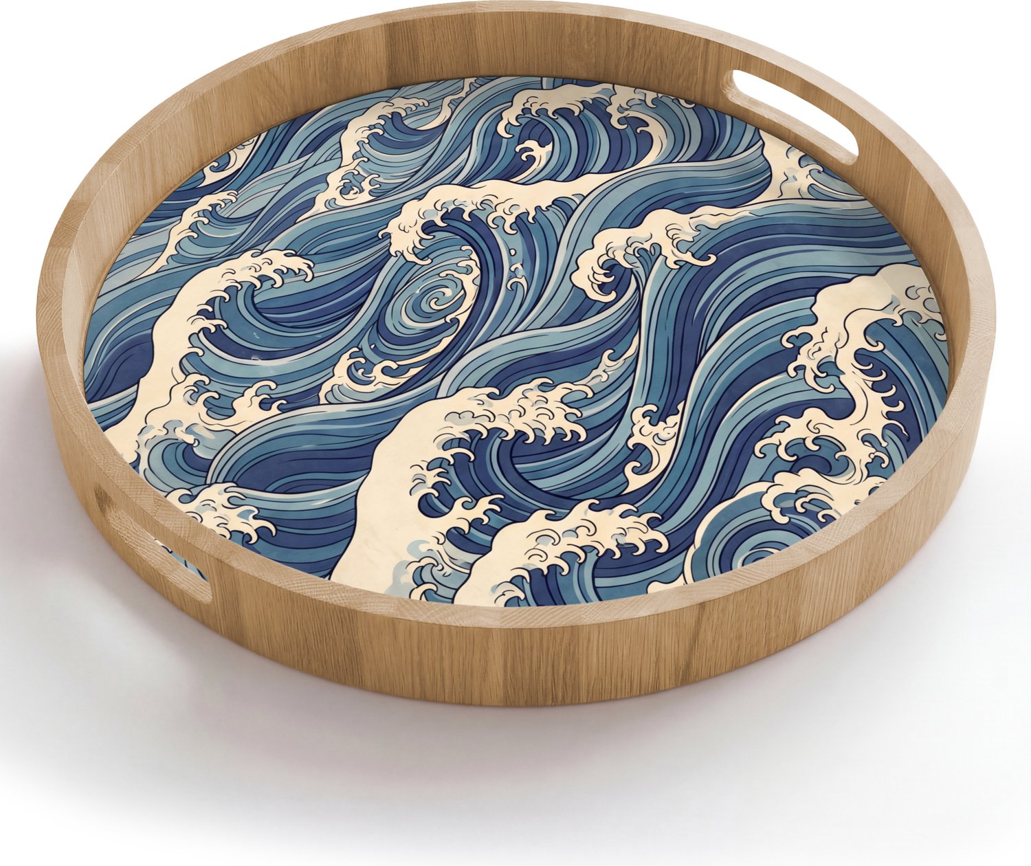 Dienblad rond 50x50 cm - Schootdienblad hout - Golven - Zee - Natuur - Abstract - Blauw - Borrelplank rechthoek - Plateau houten dienbladen
