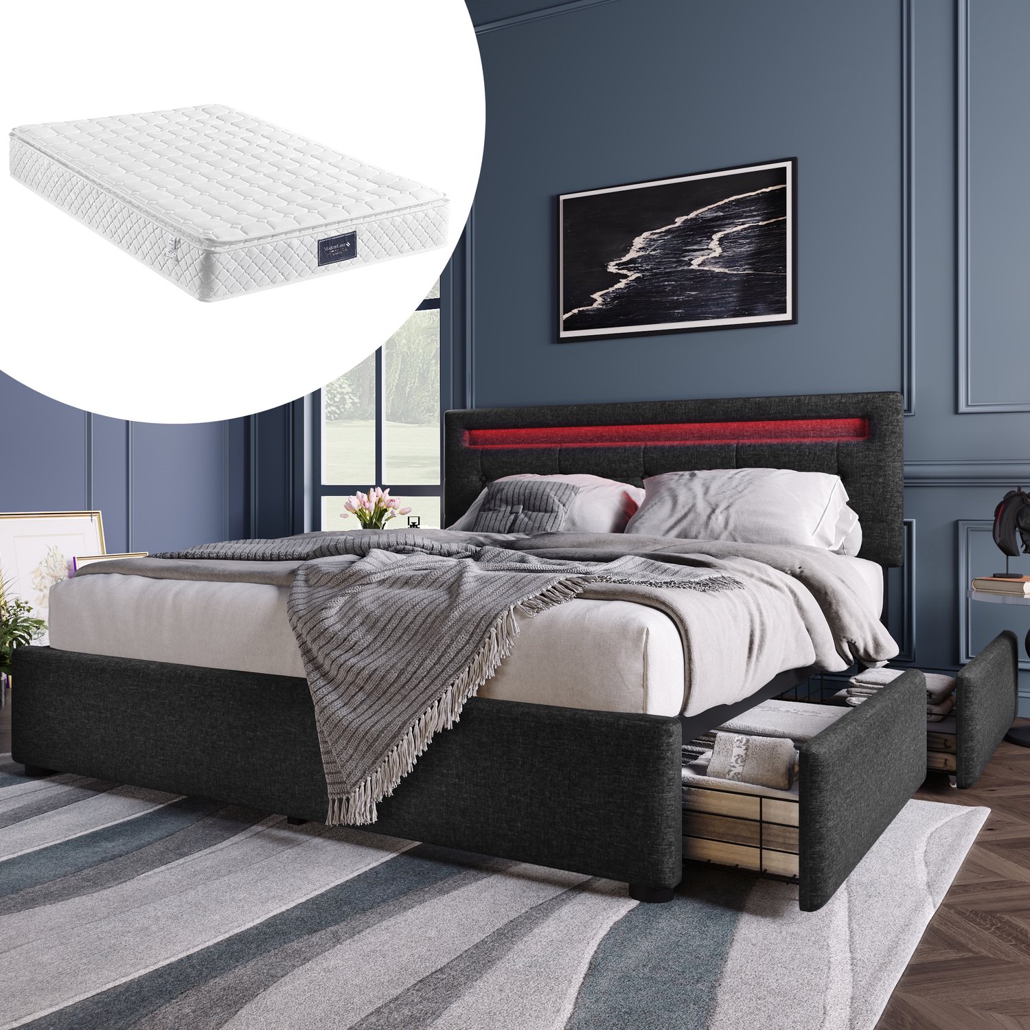 Vovtenza Bedframe met ledverlichting en 4 lades - inclusief matras - tweepersoons gestoffeerd bed 140x200cm - in hoogte verstelbaar hoofdeinde - lattenbodem van hout - zwart