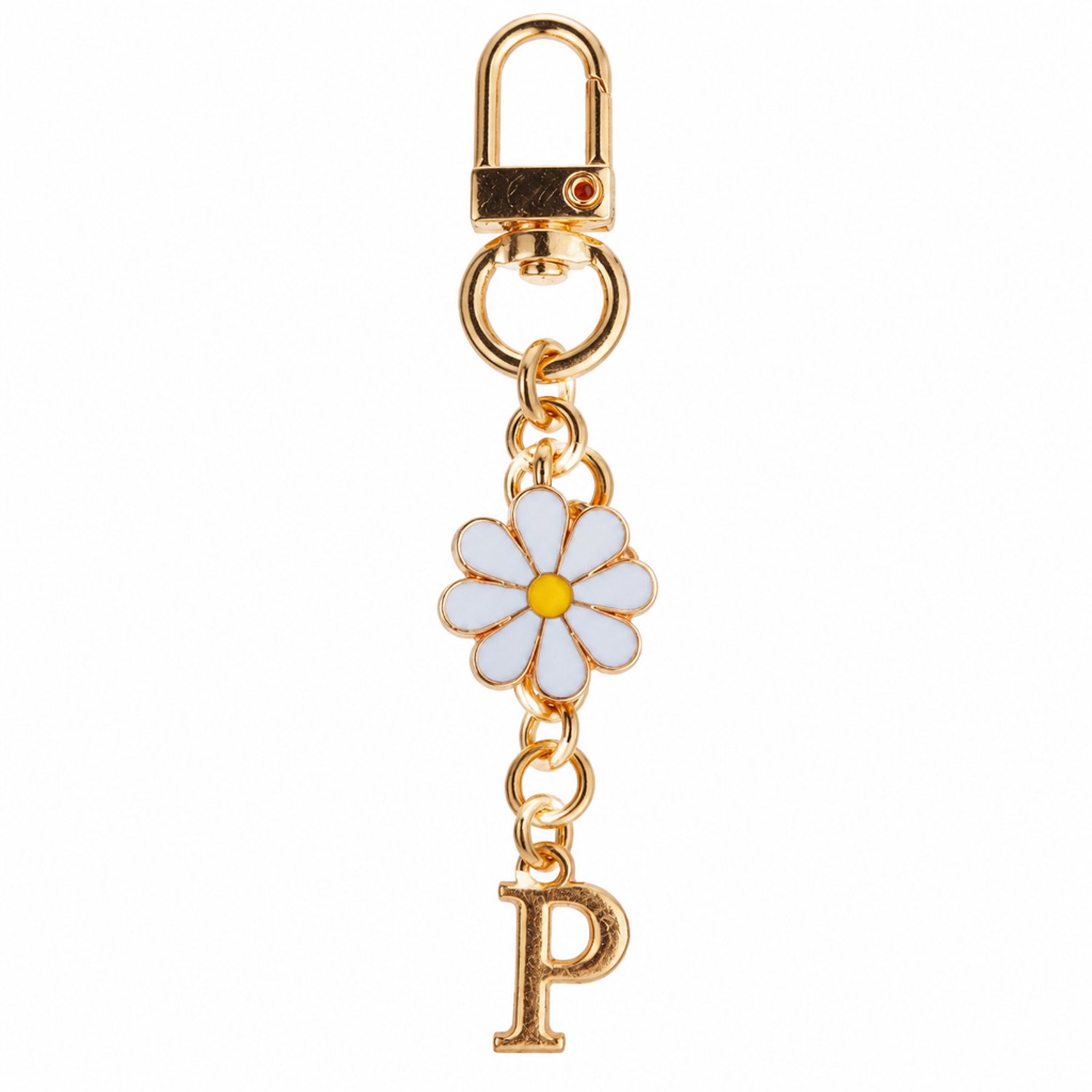 Sleutelhanger met letter P en madeliefje - metalen tashanger met schakelketting en sluiting - goudkleurig, wit en geel