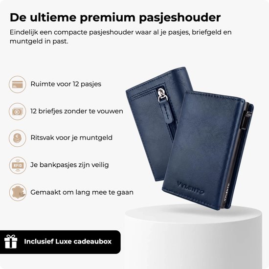 Twee blauwe Vylento pasjeshouders en opsomming van voordelen waaronder ruimte voor 12 pasjes.