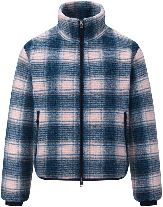 Zacht blauw-roze geruit fleecejack met opstaande kraag en ritssluiting.
