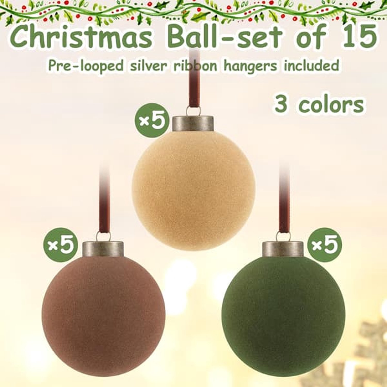 15 fluweelzachte plastic kerstboomballen, bruin, groen, beige, bulkverpakking - Kerstversiering - Kerstboomversieringen – foto 3