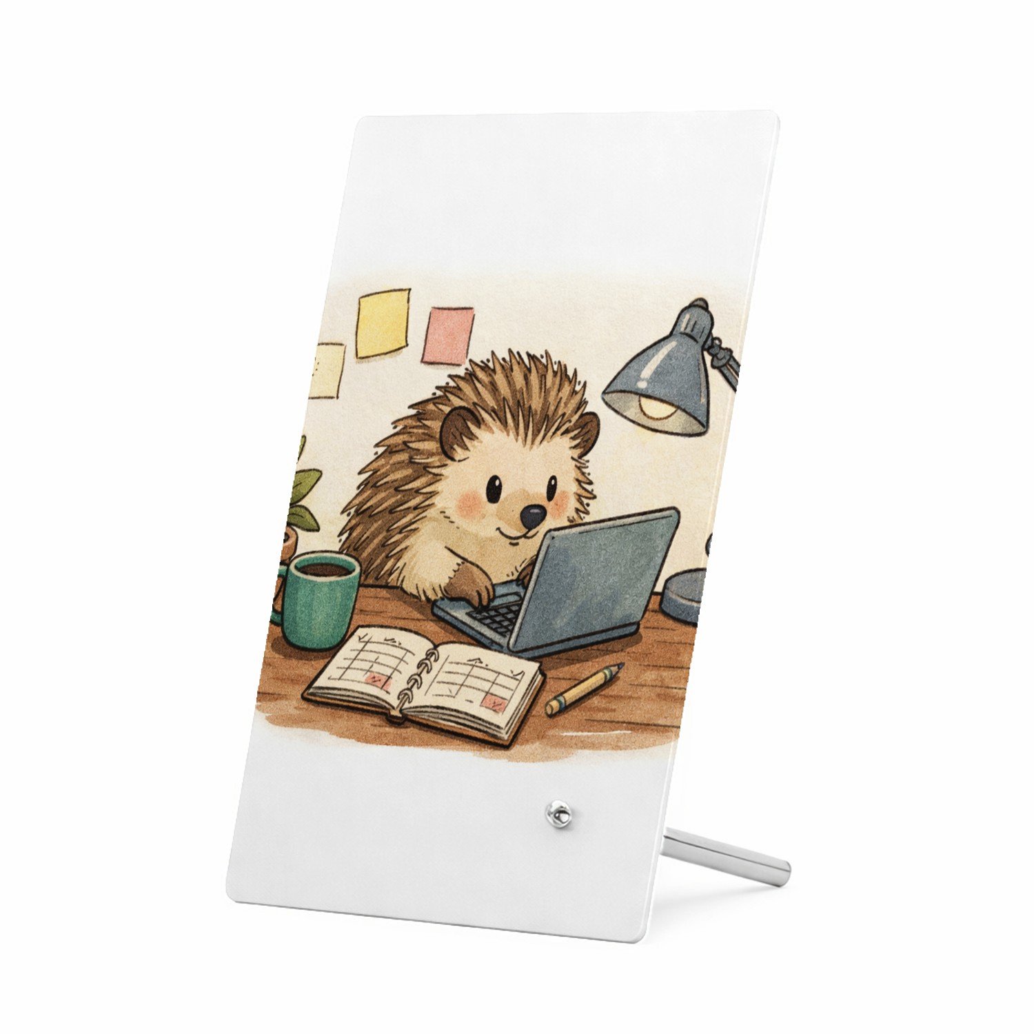 Mr Cadeautjes Glasframe 11 x 16 - design Een egel in een kleine thuiswerkhoek met post-its, planner e | cadeau Wit