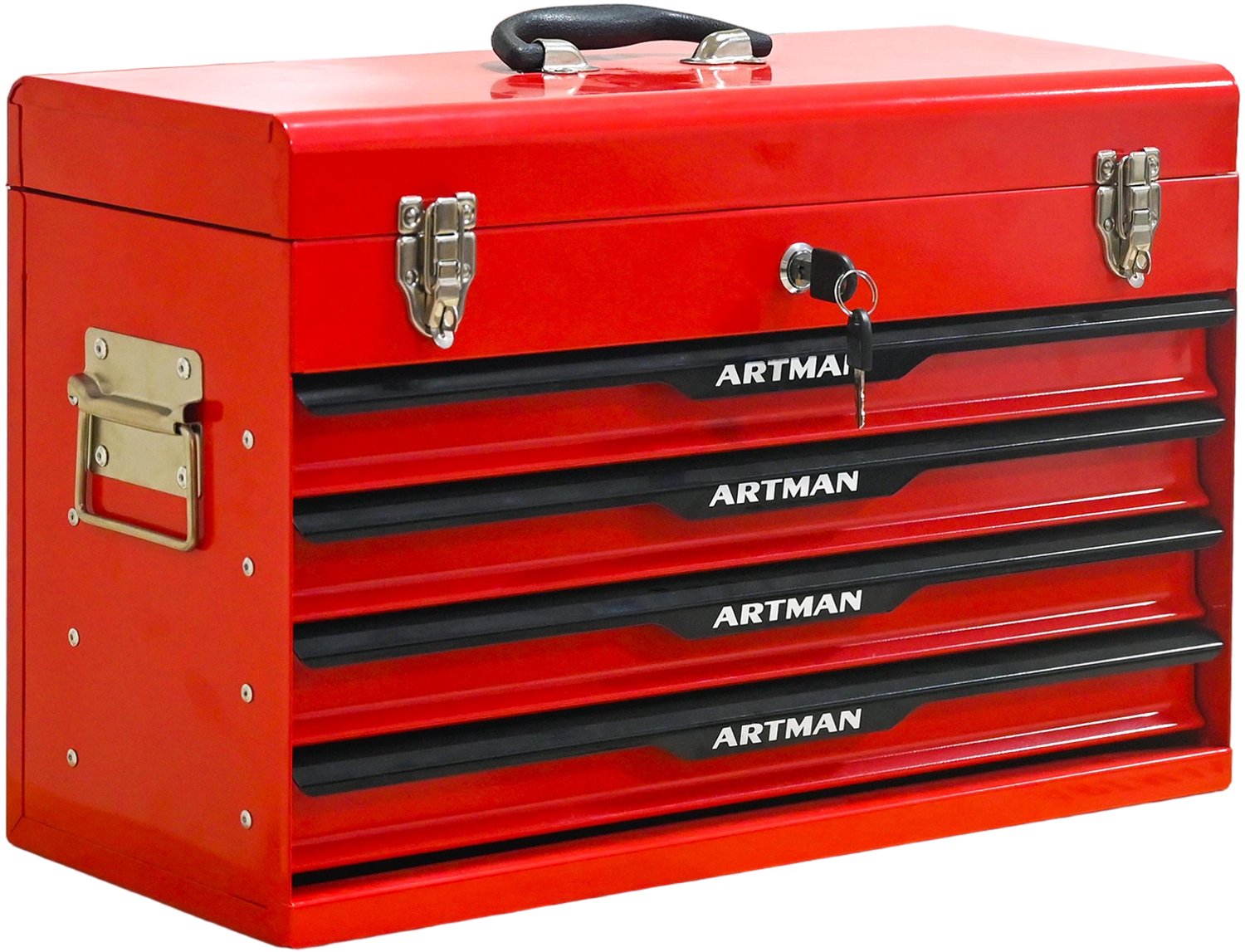 Gereedschapskist Met 4 Laden - Afsluitbare Stalen Toolbox Met Bovenvak En Draaggreep - 53,2 × 22,3 × 34,5 cm - Rood En Zwart