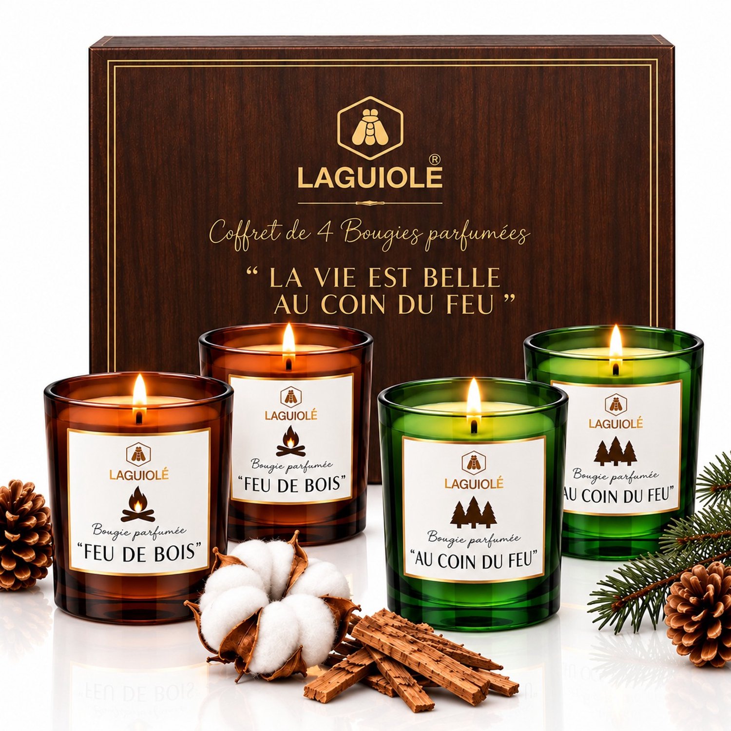 Laguiole Geurkaarsen - Kaarsen - Luxe Kaars- Geschenkset - 4 x30g Giftset - Houtvuur en Open Haard