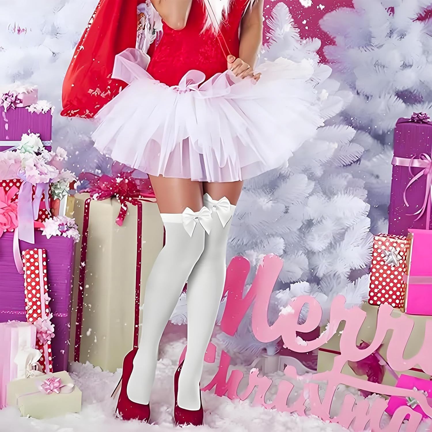 Overknee Kousen met Strik voor Carnaval, Halloween en Cosplay - Lange Sokken voor Feestjes, Kerst, Verjaardagen en Bruiloften
