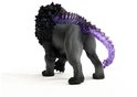 Zwarte Schleich schaduwleeuw met een transparante, paarse stekelige ruggengraat en staart op een witte achtergrond.