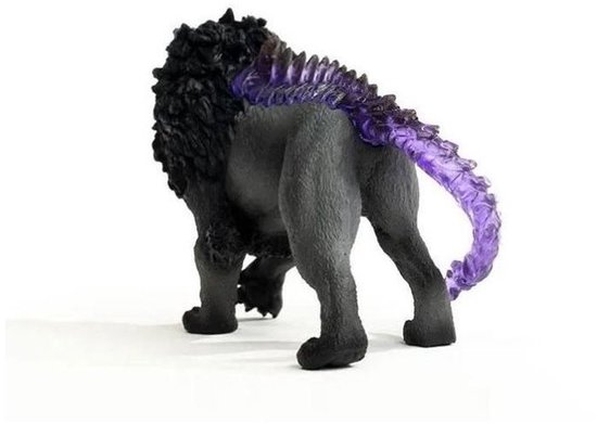 Zwarte Schleich schaduwleeuw met een transparante, paarse stekelige ruggengraat en staart op een witte achtergrond.