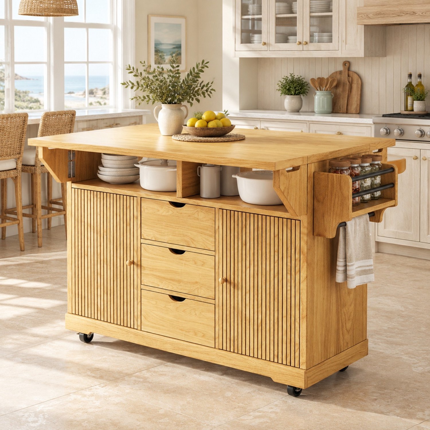 WUVRIE Keukeneiland 142,5x80x95 cm - Opklapbare zijbladen, 3 lades en wielen met rem - Bruin