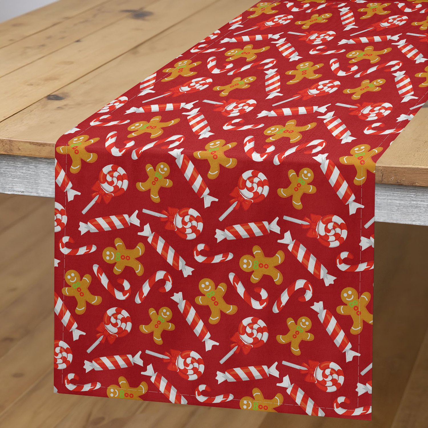 ABAKUHAUS Zuurstok Tafelloper, Peperkoekmannetje en Snoep Traditionele Kerst en Nieuwjaar, Rechthoekige Tafelloper voor Eetkamer en Keuken, 40 x 300 cm, Bruin Vermiljoen